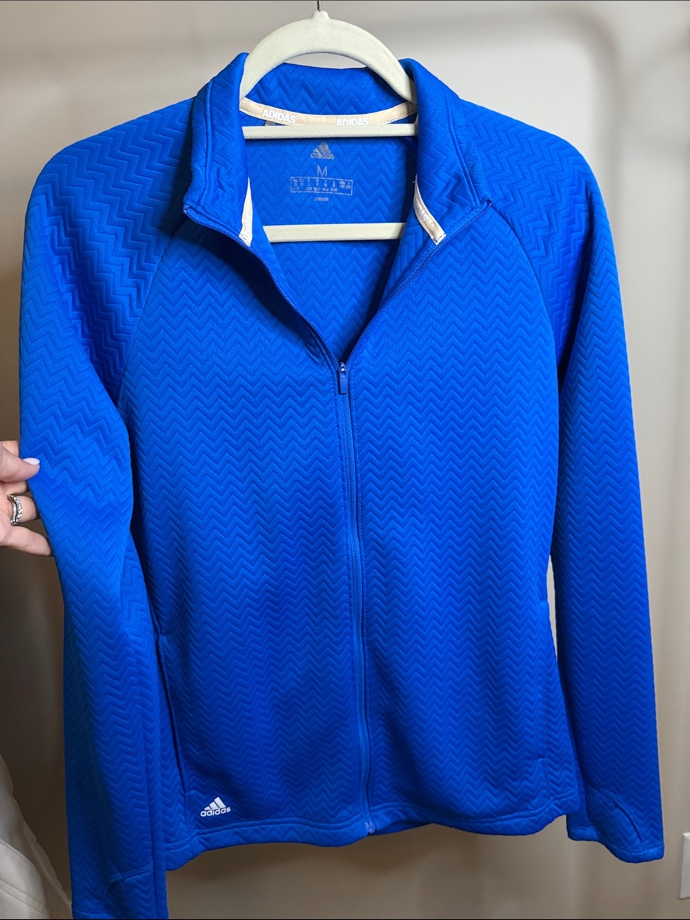 adidas Women's Zip-Up Bomber Jacket in Royal Blue. Pockets & thumb holes!
